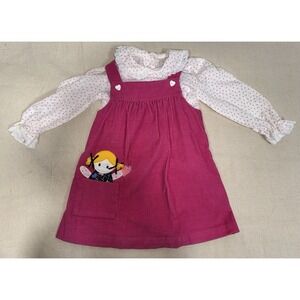 Vintage Pink Corduroy Jumper Dress Set Heart Shirt Girls 4 Overalls Embroidered